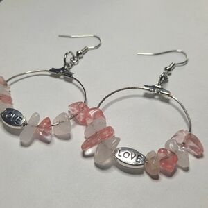 Natural Gemstone Earrings Cherry and White Quartz with Love Charm Hoops